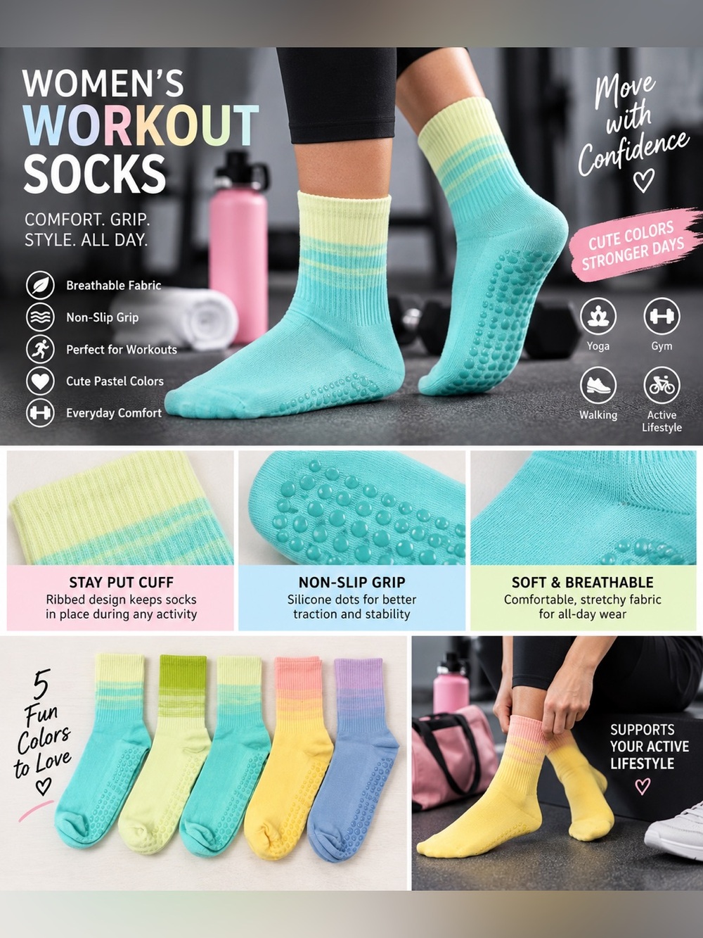 Women's Pastel Grip Workout , yoga , Pilates’s socks - Aqua & Lemon